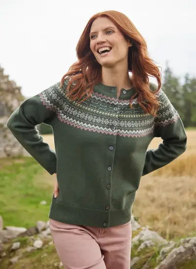 Sadie Merino Fairisle Cardigan in Olive Green